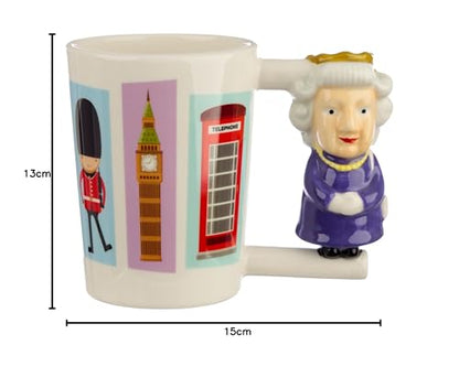 Puckator London Souvenir Queen Ceramic Shaped Handle Tea Coffee Mug - Funny Home Accessories - Cute Gifts for Girlfriend - Large Mugs for Men Women Hot Drinks - Cups Presents - Secret Santa Gift