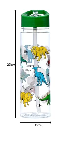 Puckator Dinosauria - Kids Drinks Bottle With Flip Straw - Reusable Water Bottle For Girls And Boys With A Carry Handle - Bpa Free - For School Nursery - Cute Dinosaur Design - Pp 550ml