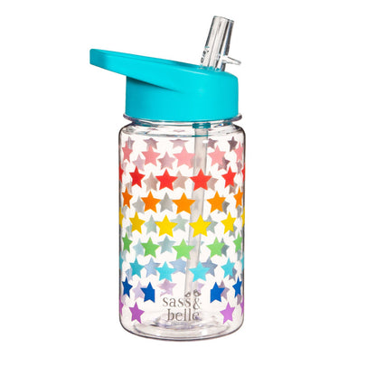 Sass & Belle Rainbow Stars Water Bottle – 400ml Reusable BPA-Free with Foldable Straw Lid, Colourful Star Design, Lightweight and Durable Kids Water Bottle for School, Travel, or Gifts