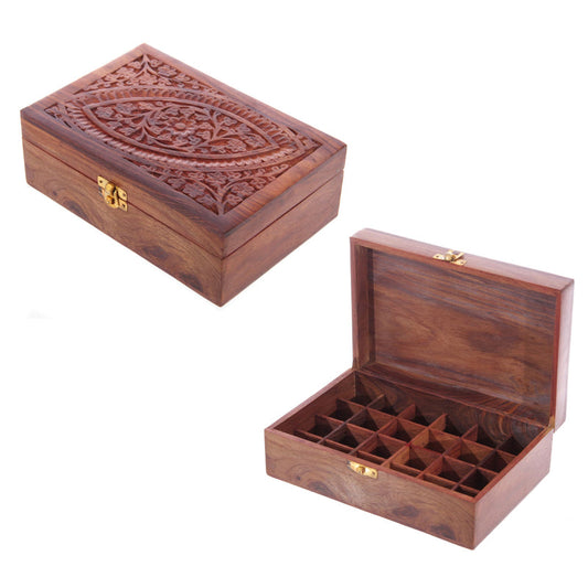 Puckator Sheesham Wood Essential Oil Box Design 1 (Holds 24 Bottles) - Pretty Wood Storage Box Boxes For Diffuser Pure Essential Oil Nail Polish Aromatherapy - Indian Home Decor