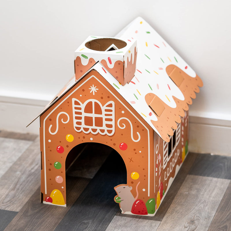 Puckator Christmas Gingerbread Lane Cat Playhouse Build it Yourself Cardboard Cat Den Tree Tower - Scratch Post - Cats Play Shelter House - Kitten Den Beds For Indoor - Accessories - Bed Cave Kennel