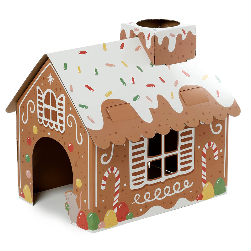 Puckator Christmas Gingerbread Lane Cat Playhouse Build it Yourself Cardboard Cat Den Tree Tower - Scratch Post - Cats Play Shelter House - Kitten Den Beds For Indoor - Accessories - Bed Cave Kennel