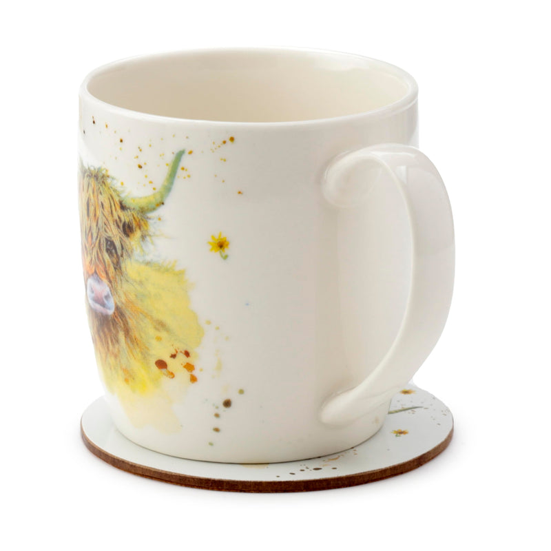 Puckator Jan Pashley Highland Coo Cow Porcelain Tea Coffee Mug & Coaster Set - Funny Home Accessories Cute Gifts for Girlfriend Large Mugs for Men Women Hot Drinks Cups Presents Secret Santa Gift