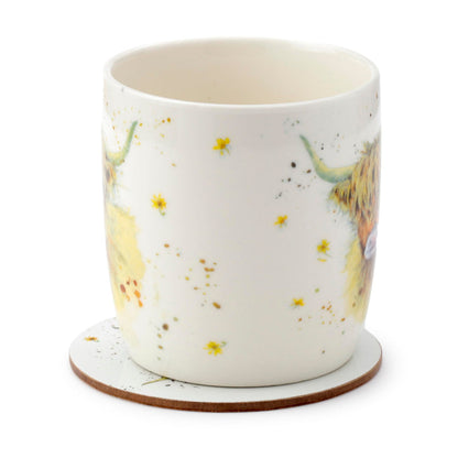 Puckator Jan Pashley Highland Coo Cow Porcelain Tea Coffee Mug & Coaster Set - Funny Home Accessories Cute Gifts for Girlfriend Large Mugs for Men Women Hot Drinks Cups Presents Secret Santa Gift