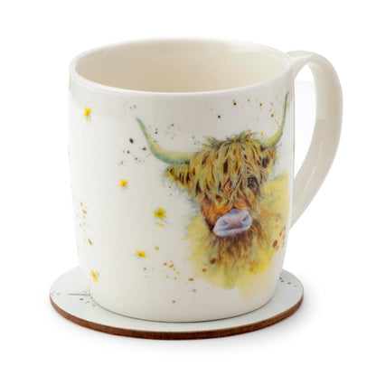 Puckator Jan Pashley Highland Coo Cow Porcelain Tea Coffee Mug & Coaster Set - Funny Home Accessories Cute Gifts for Girlfriend Large Mugs for Men Women Hot Drinks Cups Presents Secret Santa Gift