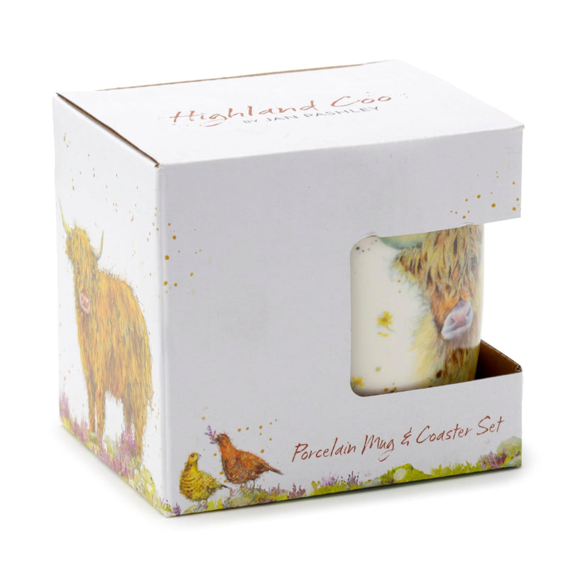 Puckator Jan Pashley Highland Coo Cow Porcelain Tea Coffee Mug & Coaster Set - Funny Home Accessories Cute Gifts for Girlfriend Large Mugs for Men Women Hot Drinks Cups Presents Secret Santa Gift