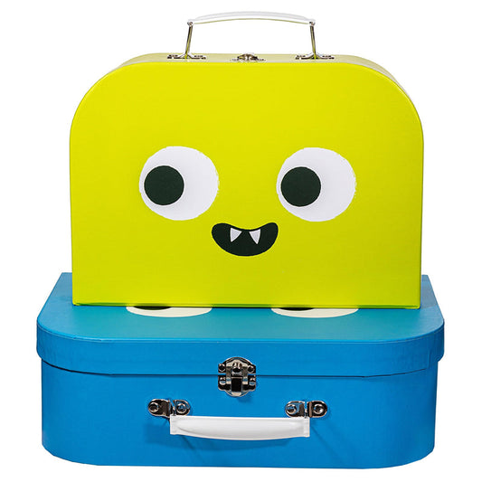 Sass & Belle Monster Suitcases – Set of 2 Colourful Kids Storage Boxes with Fun Monster Design, Stackable Cardboard Suitcases with Handles for Toys, Crafts, Travel or Bedroom Organisation