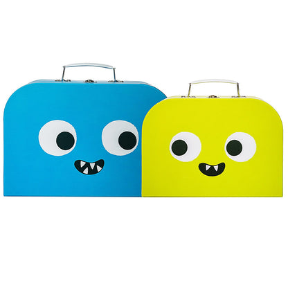 Sass & Belle Monster Suitcases – Set of 2 Colourful Kids Storage Boxes with Fun Monster Design, Stackable Cardboard Suitcases with Handles for Toys, Crafts, Travel or Bedroom Organisation