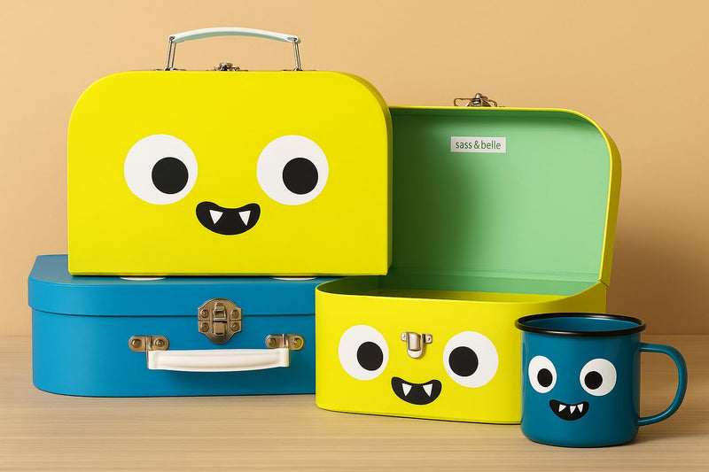 Sass & Belle Monster Suitcases – Set of 2 Colourful Kids Storage Boxes with Fun Monster Design, Stackable Cardboard Suitcases with Handles for Toys, Crafts, Travel or Bedroom Organisation