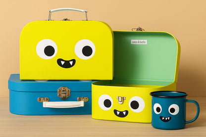 Sass & Belle Monster Suitcases – Set of 2 Colourful Kids Storage Boxes with Fun Monster Design, Stackable Cardboard Suitcases with Handles for Toys, Crafts, Travel or Bedroom Organisation