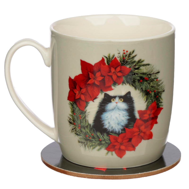 Puckator Kim Haskins Christmas Wreath Cat Porcelain Tea Coffee Mug & Coaster Set Funny Home Accessories Cute Gifts for Girlfriend Large Mugs Men Women Hot Drinks Cups Presents Secret Santa Gift