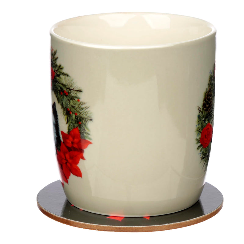 Puckator Kim Haskins Christmas Wreath Cat Porcelain Tea Coffee Mug & Coaster Set Funny Home Accessories Cute Gifts for Girlfriend Large Mugs Men Women Hot Drinks Cups Presents Secret Santa Gift