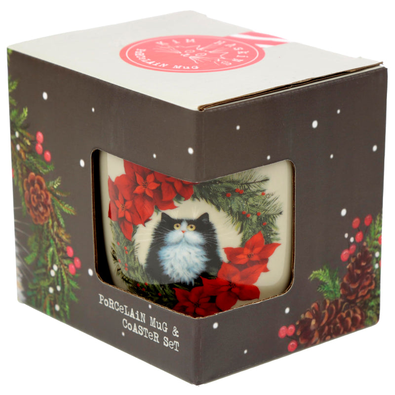 Puckator Kim Haskins Christmas Wreath Cat Porcelain Tea Coffee Mug & Coaster Set Funny Home Accessories Cute Gifts for Girlfriend Large Mugs Men Women Hot Drinks Cups Presents Secret Santa Gift