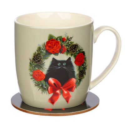 Puckator Kim Haskins Christmas Wreath Cat Porcelain Tea Coffee Mug & Coaster Set Funny Home Accessories Cute Gifts for Girlfriend Large Mugs Men Women Hot Drinks Cups Presents Secret Santa Gift