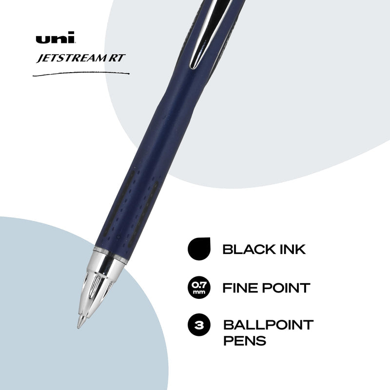 Uni-Ball Jetstream Retractable Ball Point Pens,0.7mm, Black Ink, 3-Count