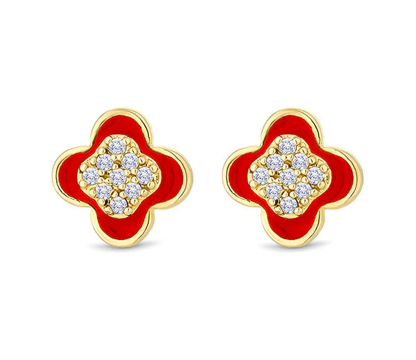 Diamond Style London - Clover earrings in yellow gold plating with red en (Item code: Cloverearrredgold)