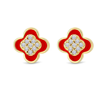 Diamond Style London - Clover earrings in yellow gold plating with red en (Item code: Cloverearrredgold)
