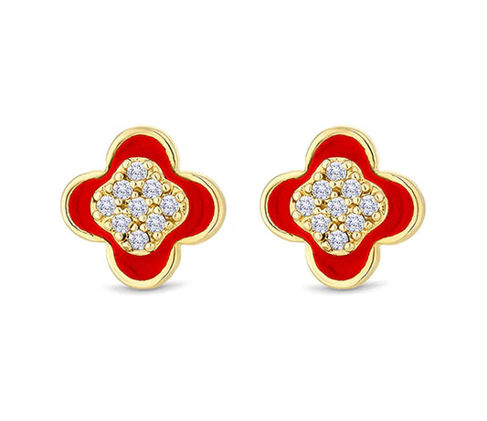 Diamond Style London - Clover earrings in yellow gold plating with red en (Item code: Cloverearrredgold)