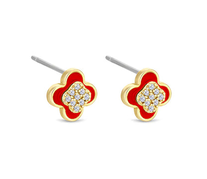Diamond Style London - Clover earrings in yellow gold plating with red en (Item code: Cloverearrredgold)