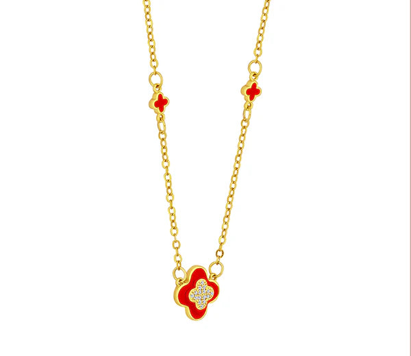 Diamond Style London - Clover necklace in yellow gold plating and red ena (Item code: Cloverneckredgold)