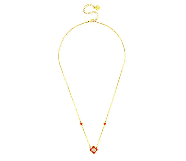 Diamond Style London - Clover necklace in yellow gold plating and red ena (Item code: Cloverneckredgold)