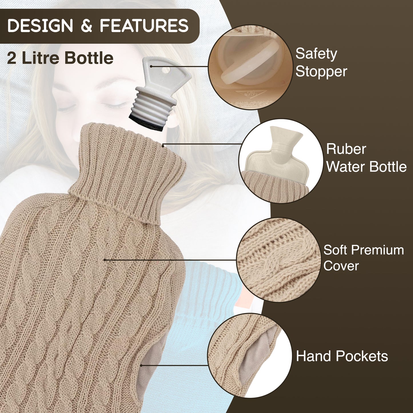 Generise 'EXTRA WARMTH' 2 Litre Hot Water Bottle with Knitted Cover and POCKETS