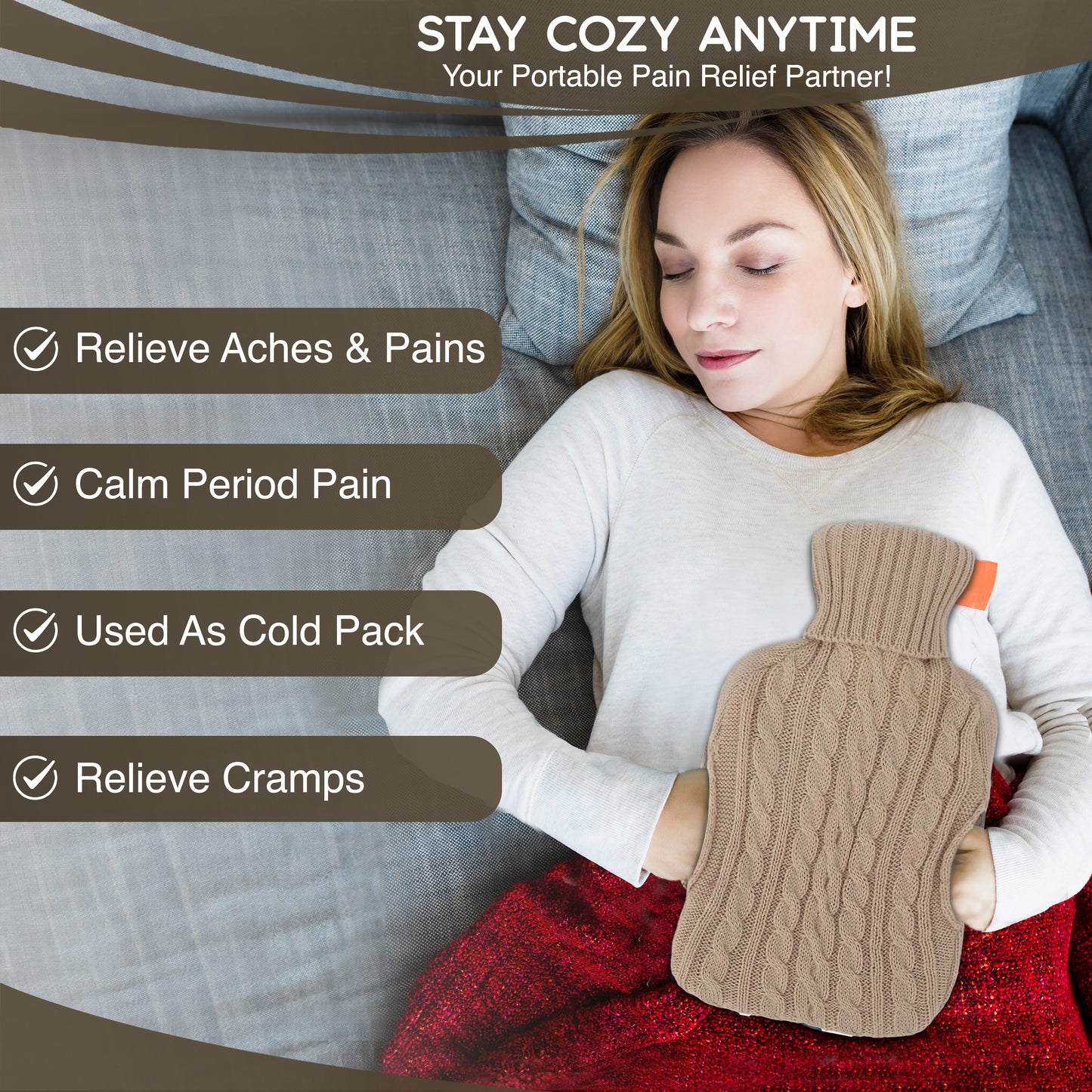 Generise 'EXTRA WARMTH' 2 Litre Hot Water Bottle with Knitted Cover and POCKETS