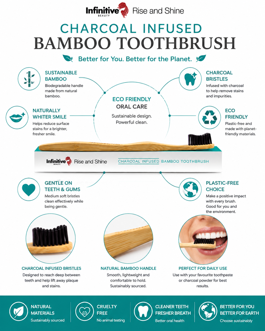 Infinitive Beauty ‘Rise and Shine’ Charcoal Infused Bamboo Toothbrush – Eco-Friendly Oral Care