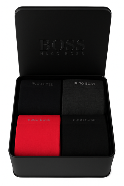 Hugo Boss Gift Set Gift Box 4 (Mixed Black, Blue, Grey, Red) Pairs Mens Socks US 7-13, EU 40-46, UK 6-11