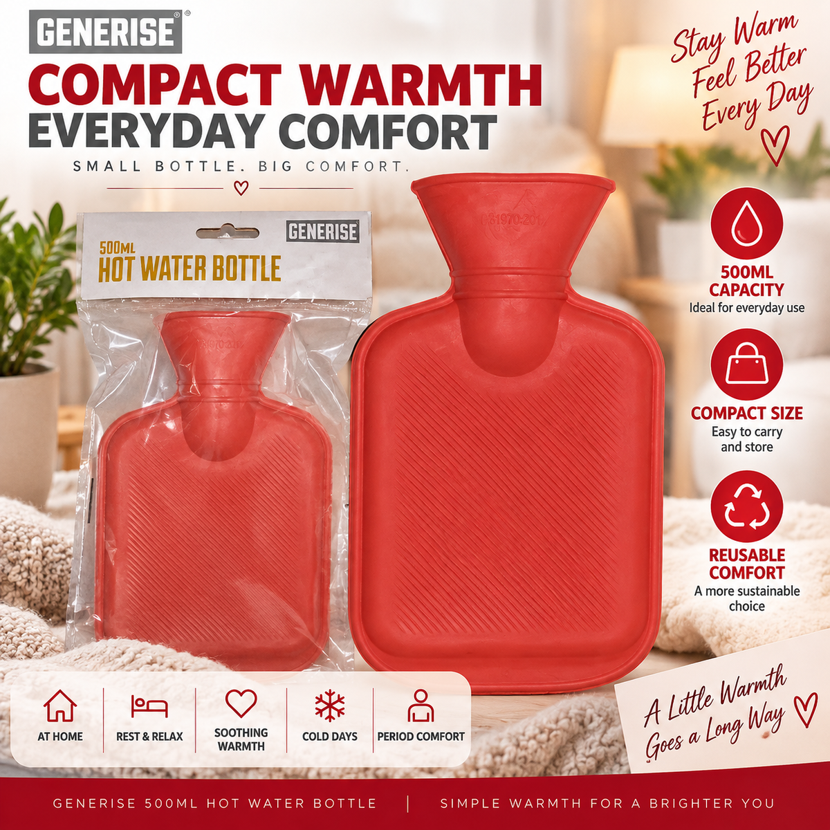 Generise 500ml Hot Water Bottle – Red | Compact Reusable Hot Water Bottle for Everyday Warmth