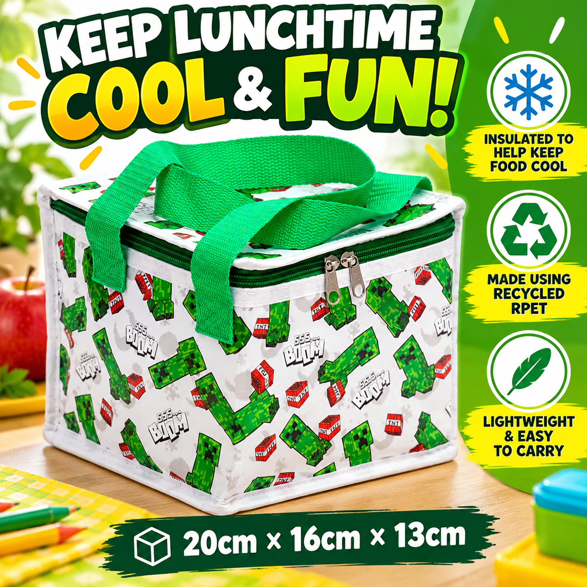 Minecraft Creeper Kids Dinosaur Insulated Lunch Bag – Recycled RPET Cooler Bag for School, Work & Picnics