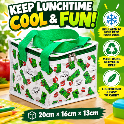 Minecraft Creeper Kids Dinosaur Insulated Lunch Bag – Recycled RPET Cooler Bag for School, Work & Picnics