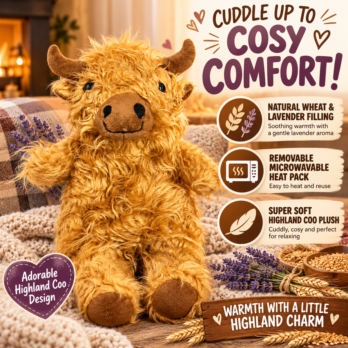 Puckator Highland Coo Cow Microwavable Wheat & Lavender Heat Pack – Plush Highland Cow Warmer