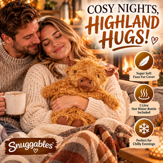 Snuggables Highland Cow Hot Water Bottle 1L – Brown Fluffy Faux Fur Cover