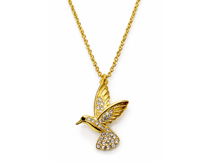 Diamond Style London - Hummingbird Pendant Necklace in Yellow Gold Plating with Crystals