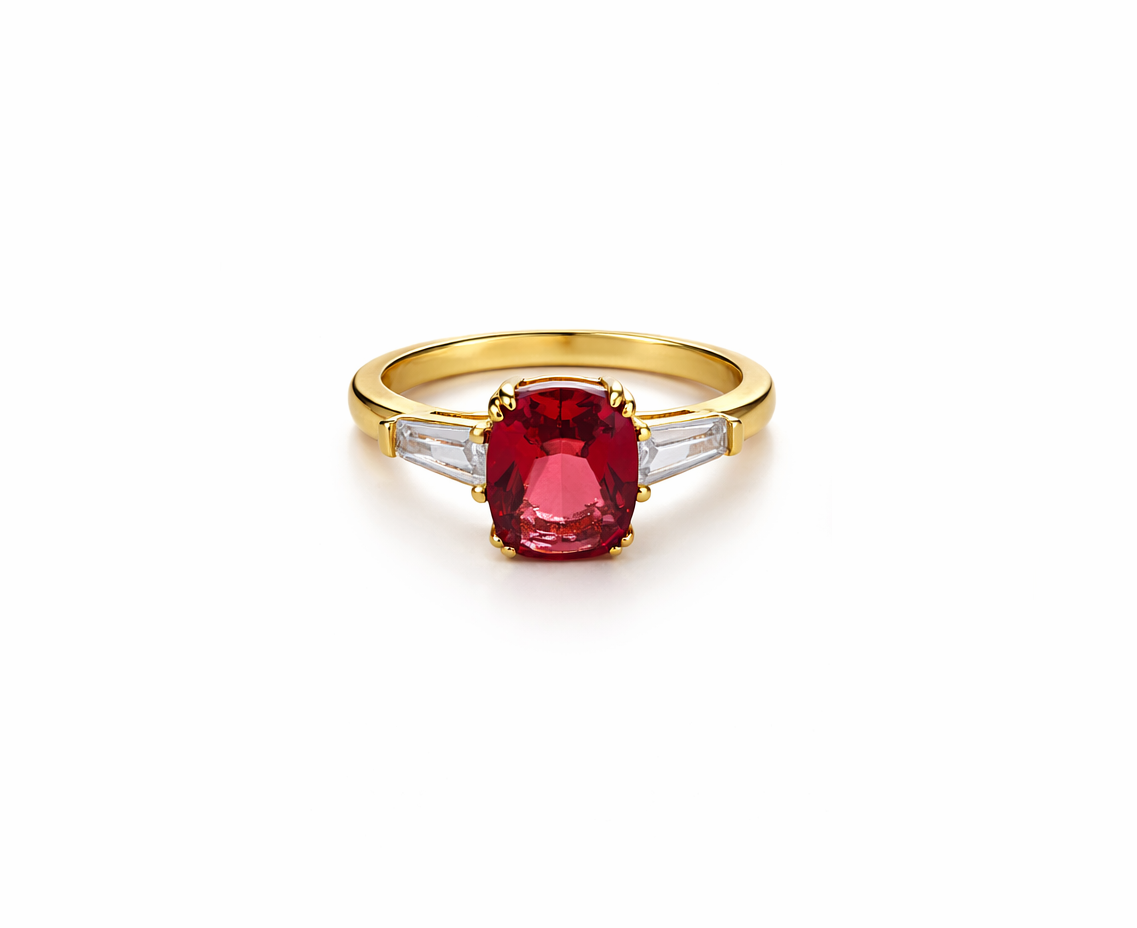 Diamond Style London - Ruby Oval ring with Clear Side Stones in Yellow Gold