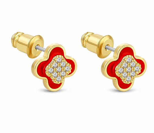 Diamond Style London - Clover earrings in yellow gold plating with red enamel