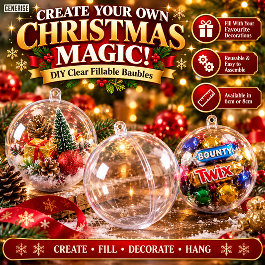 Generise DIY Clear Fillable Christmas Baubles – 6cm or 8cm | Self-Assemble Plastic Craft Decorations
