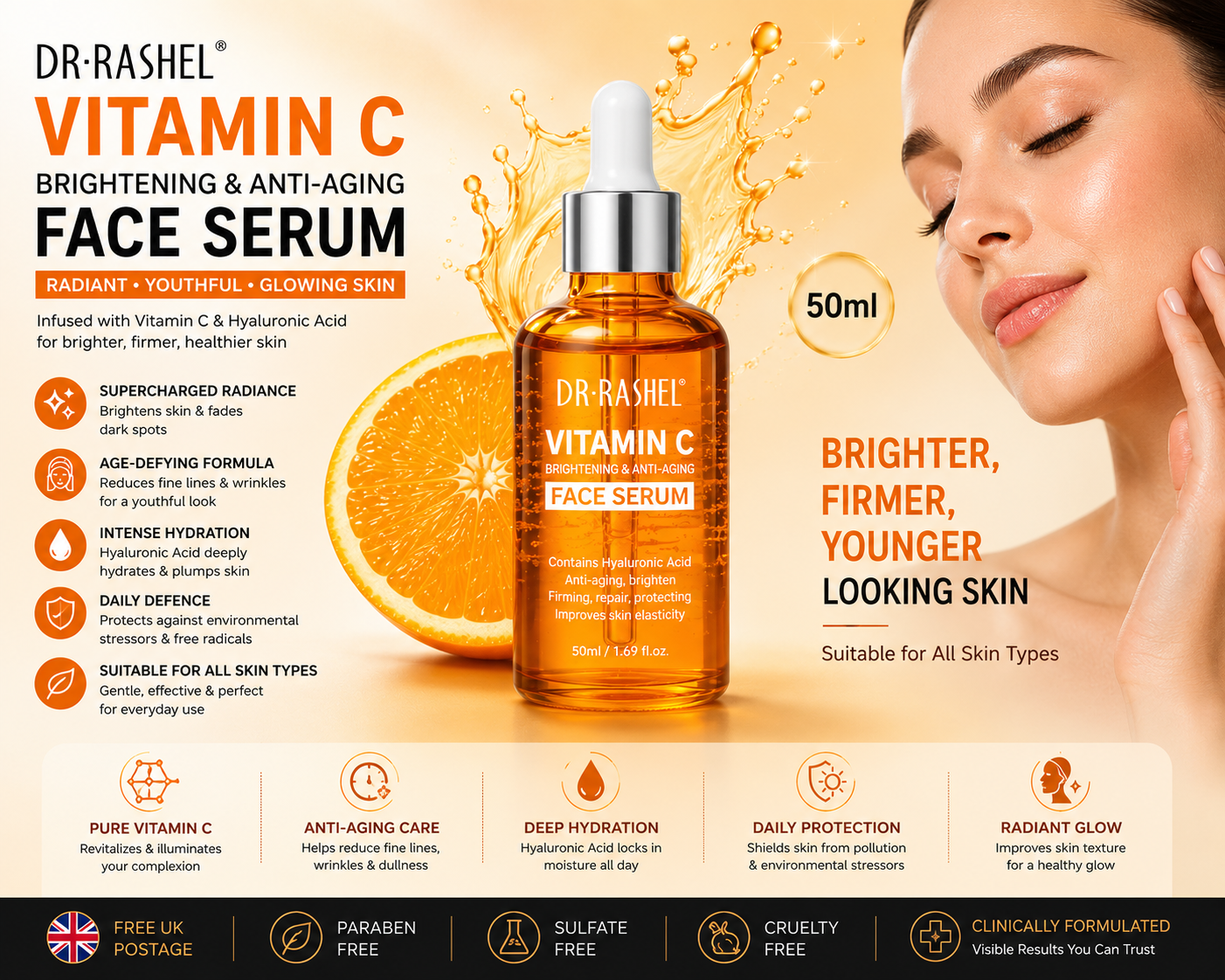 Dr Rashel Vitamin C Serum Brightening & Anti Ageing Facial Serum with Hyaluronic Acid for Face Lines & Wrinkles 50ml
