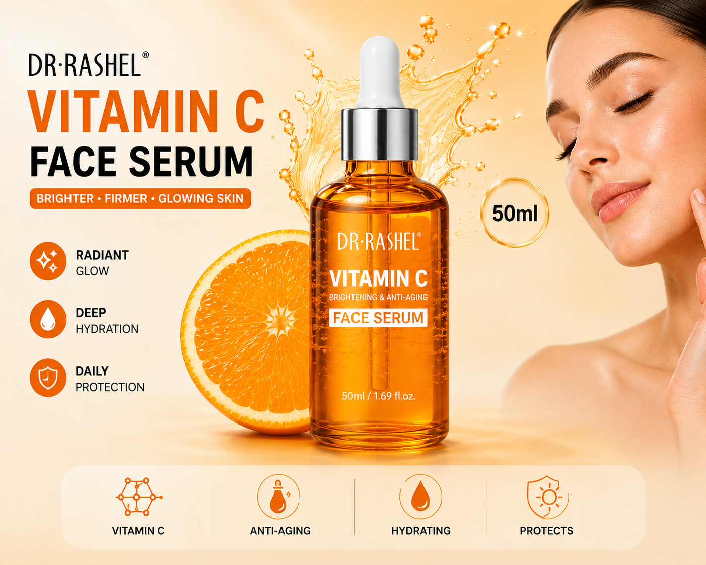 Dr Rashel Vitamin C Serum Brightening & Anti Ageing Facial Serum with Hyaluronic Acid for Face Lines & Wrinkles 50ml