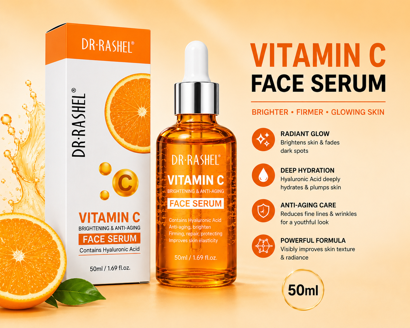 Dr Rashel Vitamin C Serum Brightening & Anti Ageing Facial Serum with Hyaluronic Acid for Face Lines & Wrinkles 50ml
