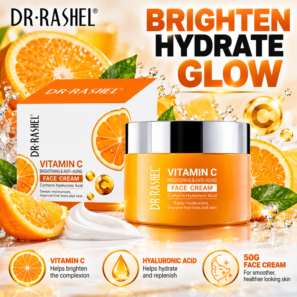 Dr Rashel Vitamin C Brightening & Anti Aging Face Cream with Hyaluronic Acid - 50g Tub