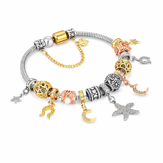 Diamond Style London - Charm Bracelet Star in Rhodium Plating - Starfish, Horseshoe, Crescent Moon (Item code: Charmbrastar)