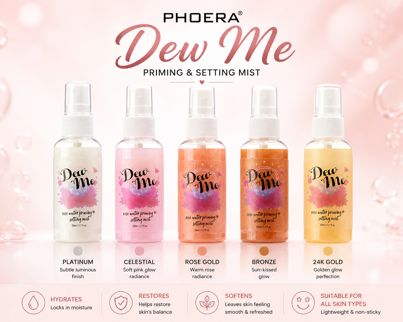 Phoera Dew Me Priming & Setting Sprays 50ml – Hydrating Illuminating Makeup Mist with Hyaluronic Acid