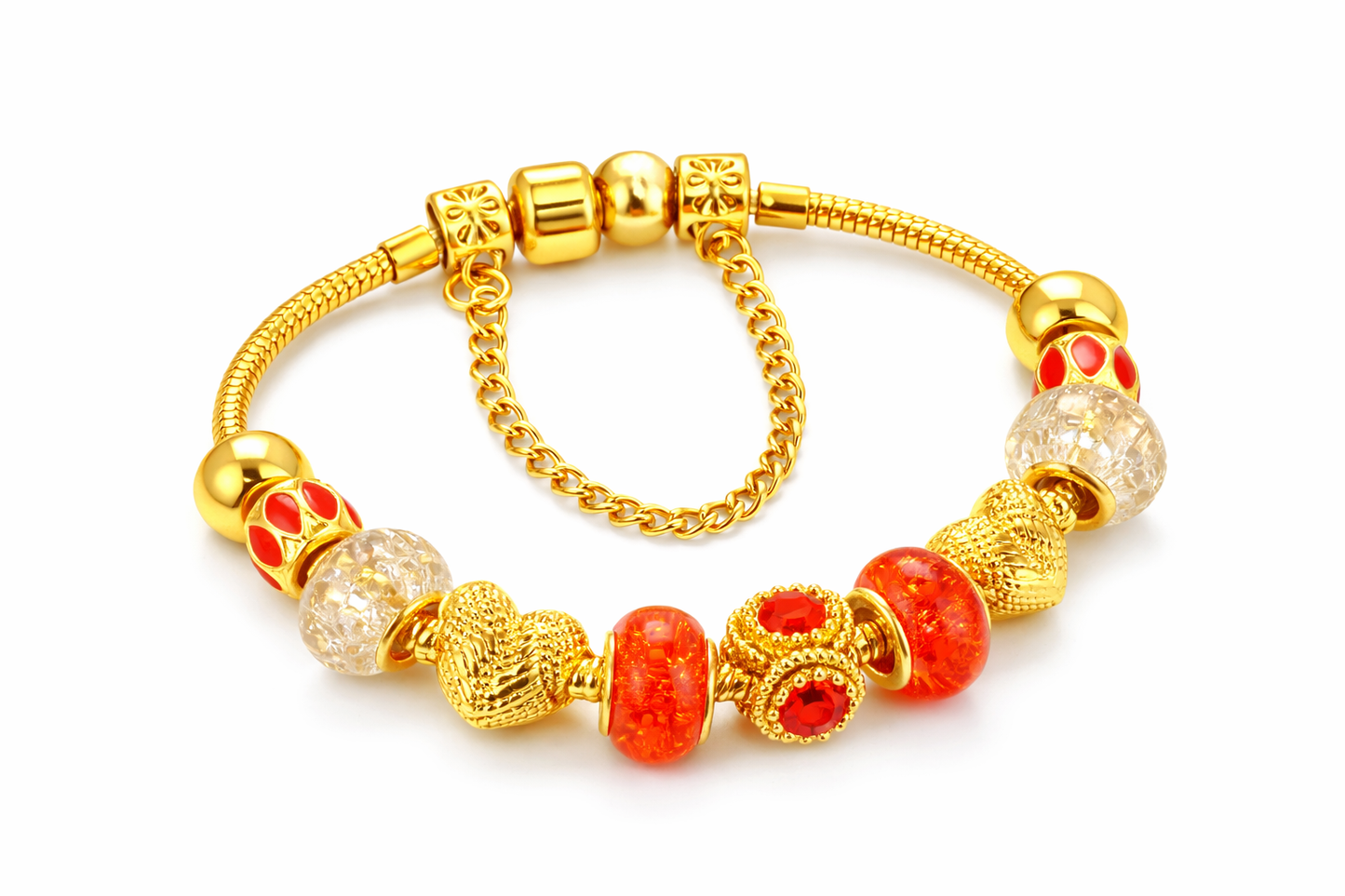 Diamond Style London - Ava Bracelet in Red with Heart Charms in Gold Plating (Item code: Avabraredheartsml)