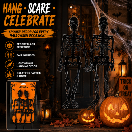 Halloween Hanging Skeleton Decorations – Black 24cm, Pack of 2