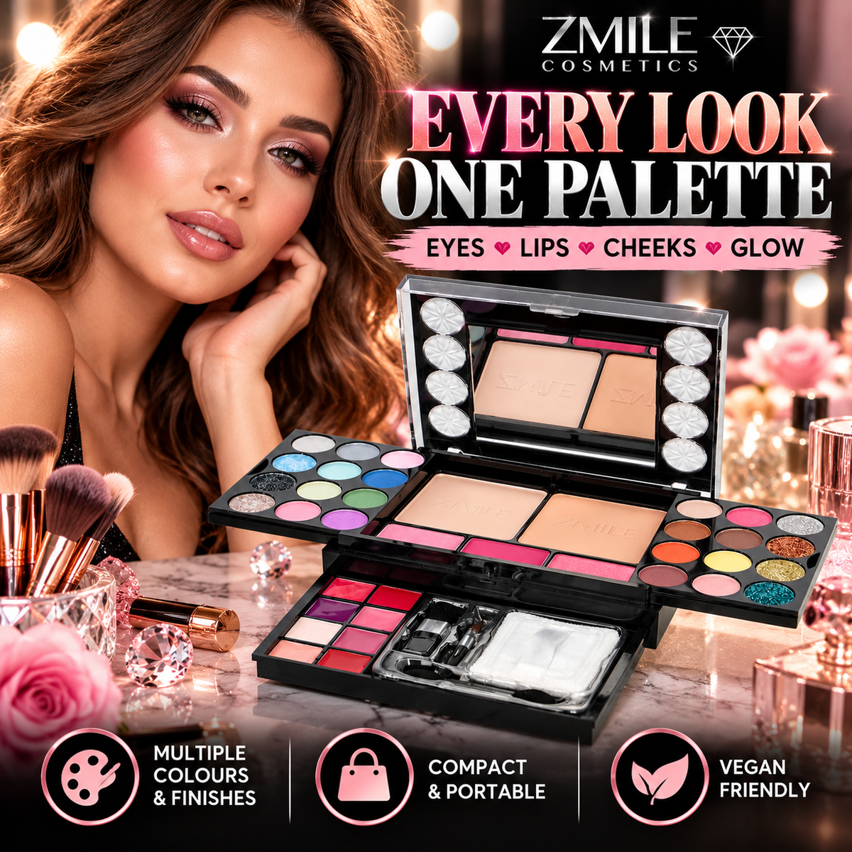 ZMILE Vegan Diamonds Makeup Set – All-in-One Makeup Palette with Mirror, Eyeshadow, Lip Gloss, Blush, Face Powder & Glitter