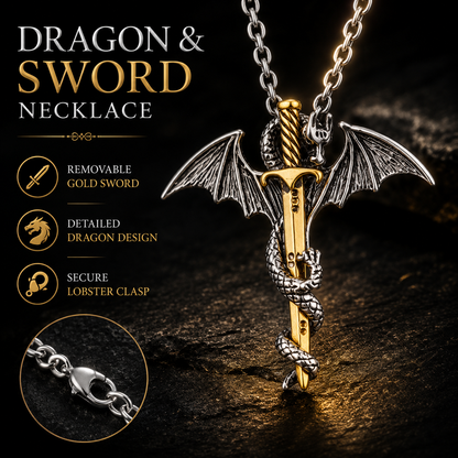 Game of Thrones Inspired Gold Sword Silver Dragon Necklace