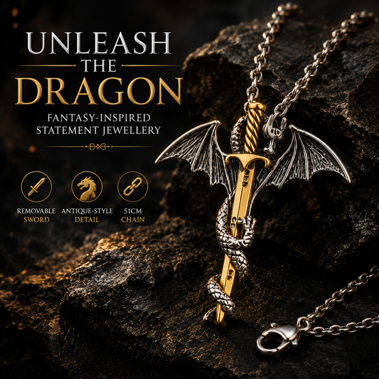 Game of Thrones Inspired Gold Sword Silver Dragon Necklace