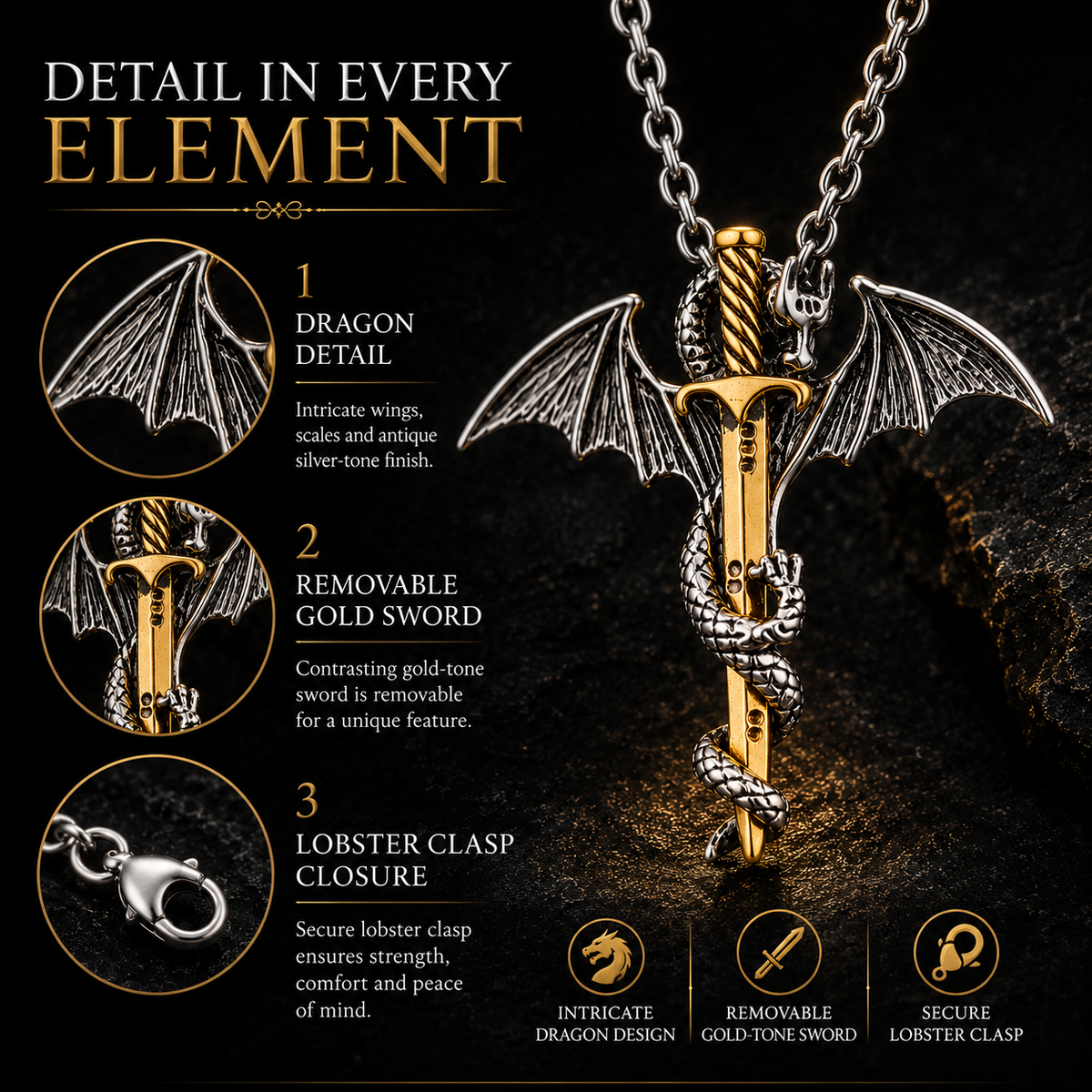 Game of Thrones Inspired Gold Sword Silver Dragon Necklace